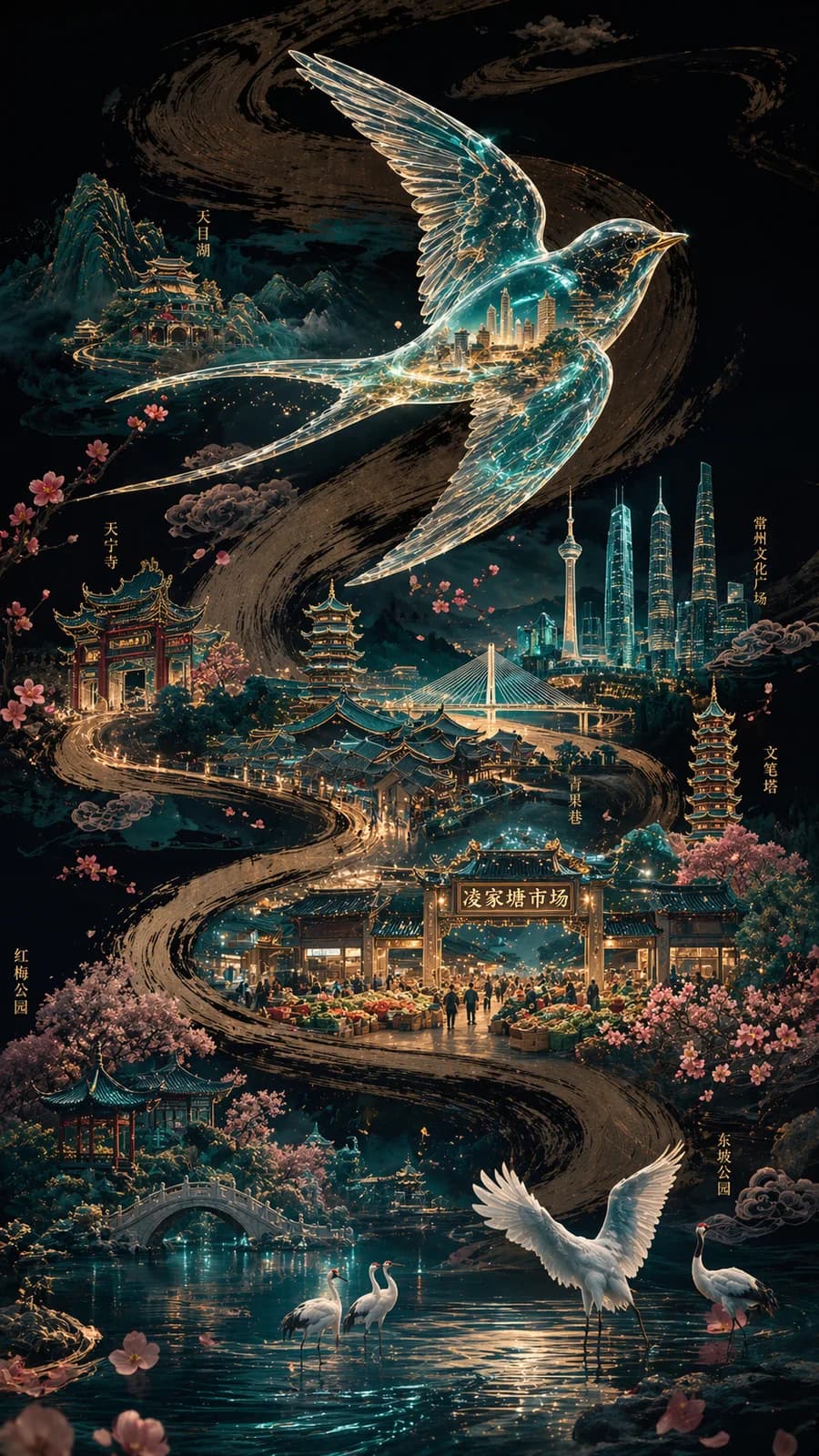 国风燕子金色山河