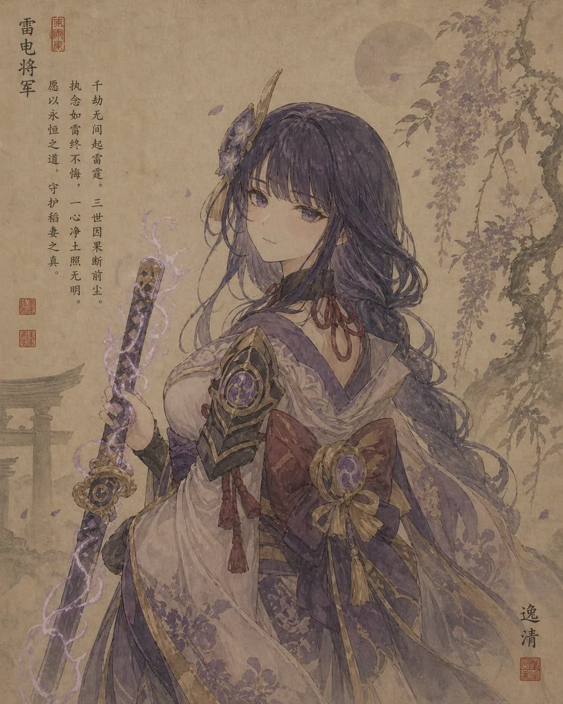 白发持剑女角色配诗